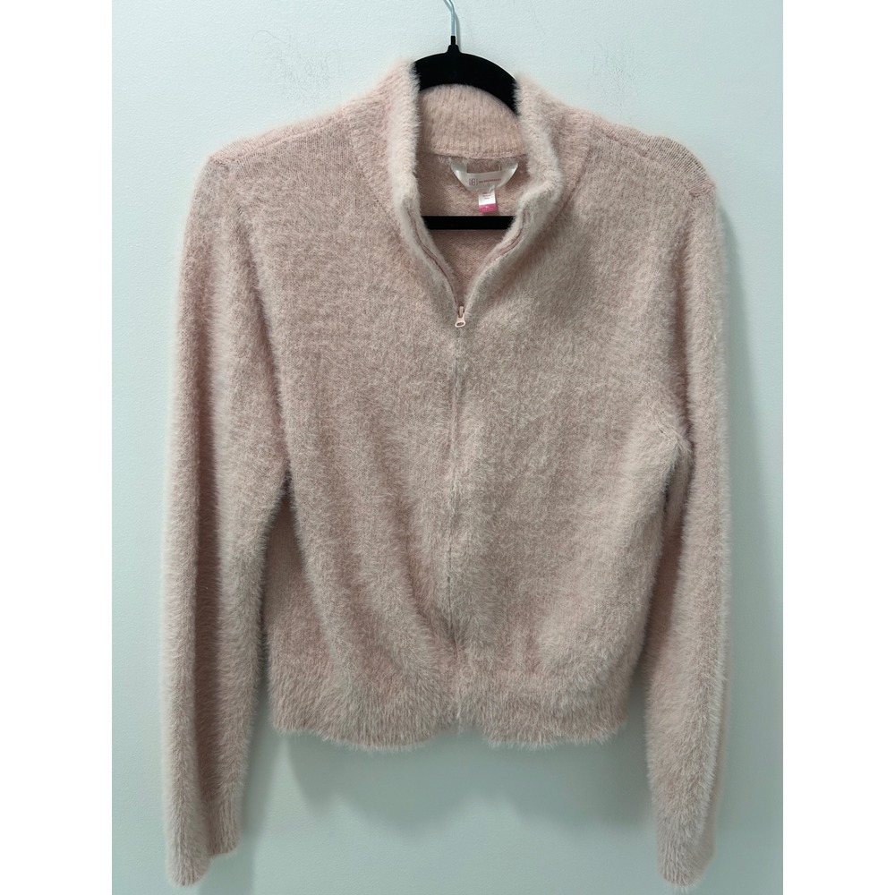 No Boundaries Womens XL Pink Eyelash Knit Full Zip Fuzzy Sweater Mock Neck